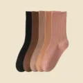 Women ribbed mid-calf socks set of five solid colors autumn spring daily wear comfortable. - Black+Coffee+Bean Paste+Caramel+Dark Red