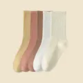 Women cotton mid-calf ribbed socks multi-color basic casual daily wear soft cute 5 pairs - Light Yellow+Dark Red+Bean Paste+White+Milky White