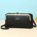 Elegante schwarze horizontale Handy-Umhängetasche aus Kunstleder mit Vintage-Kussverschluss - Schwarz
