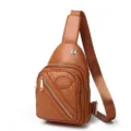 Elegant brown faux leather sling bag with quilted stitching and multiple zipper compartments - Brown