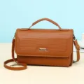 Minimalist elegant brown textured PU leather women's crossbody bag for daily office commuting - 20x7x12cm / Brown