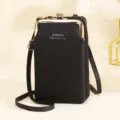 Stylish black pebbled leather texture crossbody phone bag with elegant gold metal clasp - Black
