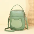 Cute sage green mini phone bag with cat ear design and crocodile texture - 16*8*25CM / Green