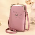 Elegant pink crossbody mobile phone bag featuring a gold kiss-lock and autumn print - Lotus root pink