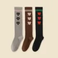 Knee high socks for women, cute heart pattern knit, stylish JK college style casual wear. - One Size (34-39) / Gray + Coffee + Black