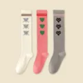 Knit knee-high socks for women, preppy style heart pattern long stockings, white pink grey variant. - One Size (34-39) / Light Beige + Pink + Gray