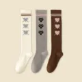 Women knee high compression socks autumn winter cute heart pattern knit college style athletic - One Size (34-39) / Light Beige + Gray + Coffee