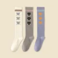 Women knee high socks cute heart pattern knit long stockings casual college style hosiery - One Size (34-39) / Light Beige + Gray + Blue Purple
