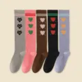 Women knee high socks cute heart knitted long stockings winter school uniform style fashion - One Size (34-39) / Gray + Pink + Coffee + Black + Blue Purple