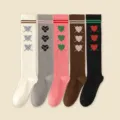 Women knee-high socks with cute heart patterns and stripes, 5 colors for daily use. - One Size (34-39) / Light Beige + Gray + Pink + Coffee + Black