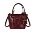 Bolso tipo cubo vintage de cuero brillante burdeos con asa y correa ajustable - Rojo