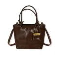 Vintage style deep brown textured leather bucket tote bag featuring gold hardware accents - Coffee
