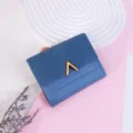 Stylish short tri-fold frosted PU leather women's wallet in blue with gold V hardware - Blue