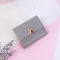 Elegant grey matte PU leather trifold wallet for women with gold V-shaped metal buckle - Gray