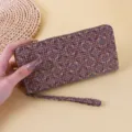 Bohemian floral print long wallet clutch for women with wrist strap in cork texture - Dark Blue Floral (12-5)