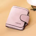 Elegant women's pink matte PU leather bifold wallet with buckle and Forever lettering - Short / Pink