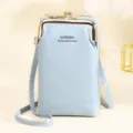Light blue crossbody phone bag wallet for women with textured PU leather and metal clasp - Light Blue