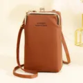 Vintage brown litchi grain leather crossbody phone bag with stylish gold clasp wallet - Brown