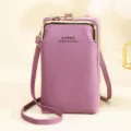 Purple textured faux leather crossbody mobile phone bag with golden kiss-lock closure - Light Purple