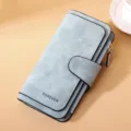 Elegant light blue frosted PU leather long wallet with buckle and zipper closure - Long / Pale Green