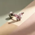 Elegante kraakbeenpiercing met roze zirkonia-vlinder en titanium schroefsluiting - Vlinderstijl (A35-2) / Titaniumlegering Externe Spiraal / Zilver