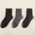 Men breathable pure cotton solid color mid tube mesh socks in black grey navy blue variant - One Size 39-45 / D69-1 Black + Dark Grey + Navy Blue