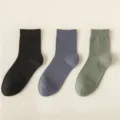Men's breathable mesh mid-calf socks solid color casual cotton socks 3 pairs pack - One Size 39-45 / D69-1 Black + Azure + Pine Green