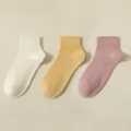 Women's pure cotton socks in candy colors, stylish rib-knit short tube design for daily wear. - R86 (One Size 34-39) / R86 Cream White + Pale Yellow + Purple