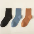 Men pure cotton mesh mid tube socks breathable solid color casual socks comfortable daily wear - One Size 39-45 / D69-1 Black + Fog Blue + Mocha Brown