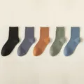 Solid color mesh breathable cotton crew socks in multi-colors variant, comfortable daily wear. - One Size 39-45 / D69-1 Black + Azure Blue + Mocha Brown + Pine Green + Fog Blue