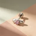Sweet pink star zircon stud earring with safety pin design in silver titanium - Star Shape Stud (A894-2#) / Titanium Alloy External Screw Post / Pink