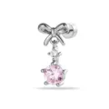 Elegant silver bowknot cartilage piercing stud earring with a sparkling pink round zircon - A1278-2# (Titanium Post External Thread) / Single Piece / Light Pink