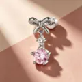 Silver bow cartilage piercing earring stud with a dangling pink round cubic zirconia stone - A1278-2# (Stainless Steel Post External Thread)