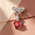 Korean style silver bow earring with vibrant red zircon drop for cartilage piercing - A1278-3# (Stainless Steel Post External Thread)