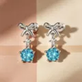 Elegant silver-toned bow cartilage stud earrings featuring a sparkling light blue round zircon - A1278-7# (Stainless Steel Post External Thread)