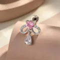 Clou d'oreille en titane avec zircon cœur rose, nœud et goutte d'eau pendante - Style Nœud Cœur (A851-2) / Spirale Externe en Alliage de Titane / Rose