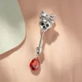 Gothic silver bow skull cartilage stud earring with a dangling red waterdrop gemstone - Red Teardrop Skull (A988-4#) / Titanium Alloy External Spiral / Red Silver