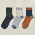 Ποιτικές ανδρικές κάλτσες από βαμβάκι color block ρετρό αναπνεύσιμες αντιοσμικές 3 τεμ - Ένα Μέγεθος 39-45 / Navy + Light Gray + Caramel