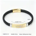 Macro view of men's braided leather cross bracelet in 304 stainless steel, 21cm length. - CWB0763-01 / Gold