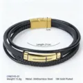 Detail view of men's multi-layer braided leather bracelet with 18K gold plated cross plate - Cross Curved Plate (CWB0745) / Gold Accessories (CWB0745)