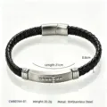 Detail macro view of men's braided leather bracelet with a 304 stainless steel cross - CWB0764-01 / Steel