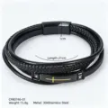 Detail view of multi-layer braided leather bracelet with 304 stainless steel cross - Cross Curved Plate (CWB0746) / Black Accessories (CWB0746)