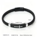 Detail view of men's braided leather bracelet with matte stainless steel cross decoration - CWB0765-01 / Black