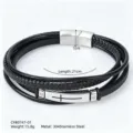 Detail view of men's multi-layer woven leather bracelet with stainless steel cross plate - Cross Curved Plate (CWB0747) / Silver Accessories (CWB0747)