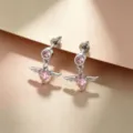 Titanium alloy angel wing heart earrings with pink crystals in sweet dopamine style - Titanium Alloy External Spiral / Silver Angel Wings