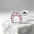 Detailed view of silver moon helix stud with sparkling pink cubic zirconia stones. - Moon Style (A-1031) / Stainless Steel External Spiral / Pink