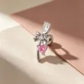 Elegante pendiente tenedor plateado con lazo y corazón rosa de circón para perforación - Lado Izquierdo-Aleación de Titanio (A423) / Plateado