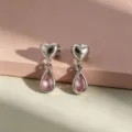 Boucles d'oreilles cœur argentées avec pendentif cristal goutte rose en acier titane - Style à Vis Extérieure en Alliage de Titane / Rose