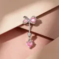 Eleganter süßer rosa Schleife und Herz Bauchnabelpiercing mit silbernem Schraubstab Dekor - Rosa Schleife + Rosa Herz (A509-3) / Titanlegierung Außenspirale / Silber/Rosa