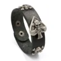 Pulsera ancha vintage de cuero genuino punk con remaches de calavera y picas metal - Negro